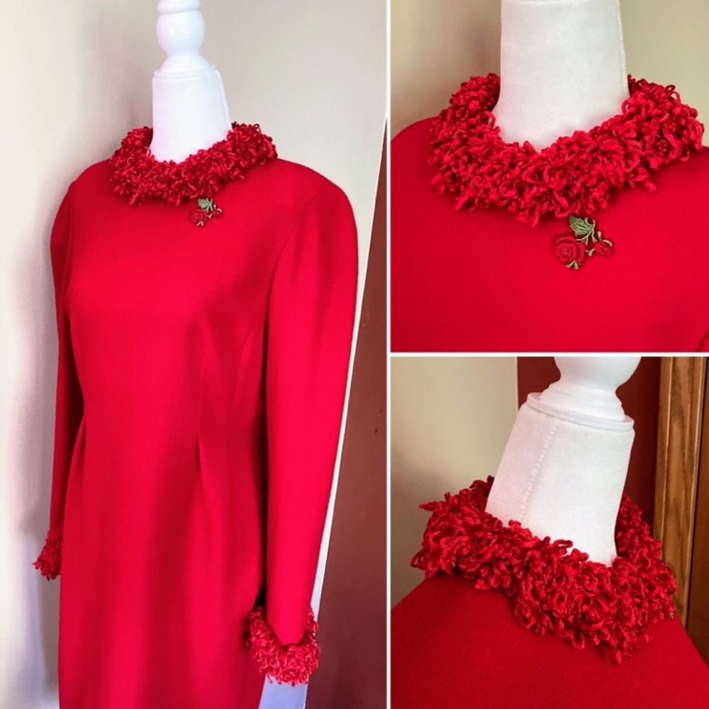 Vintage 1980s 1990s Geoffrey Beene Red Dress w Chenile fringe collar sleeve hems - Picture 3 of 10